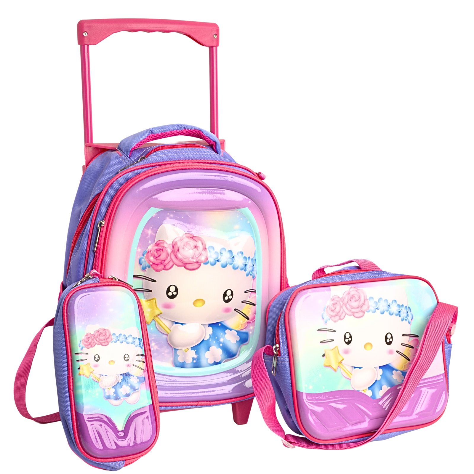 حقيبة مدرسية ترولي بعجلات هالو كيتي 3 قطع - 12 بوصة